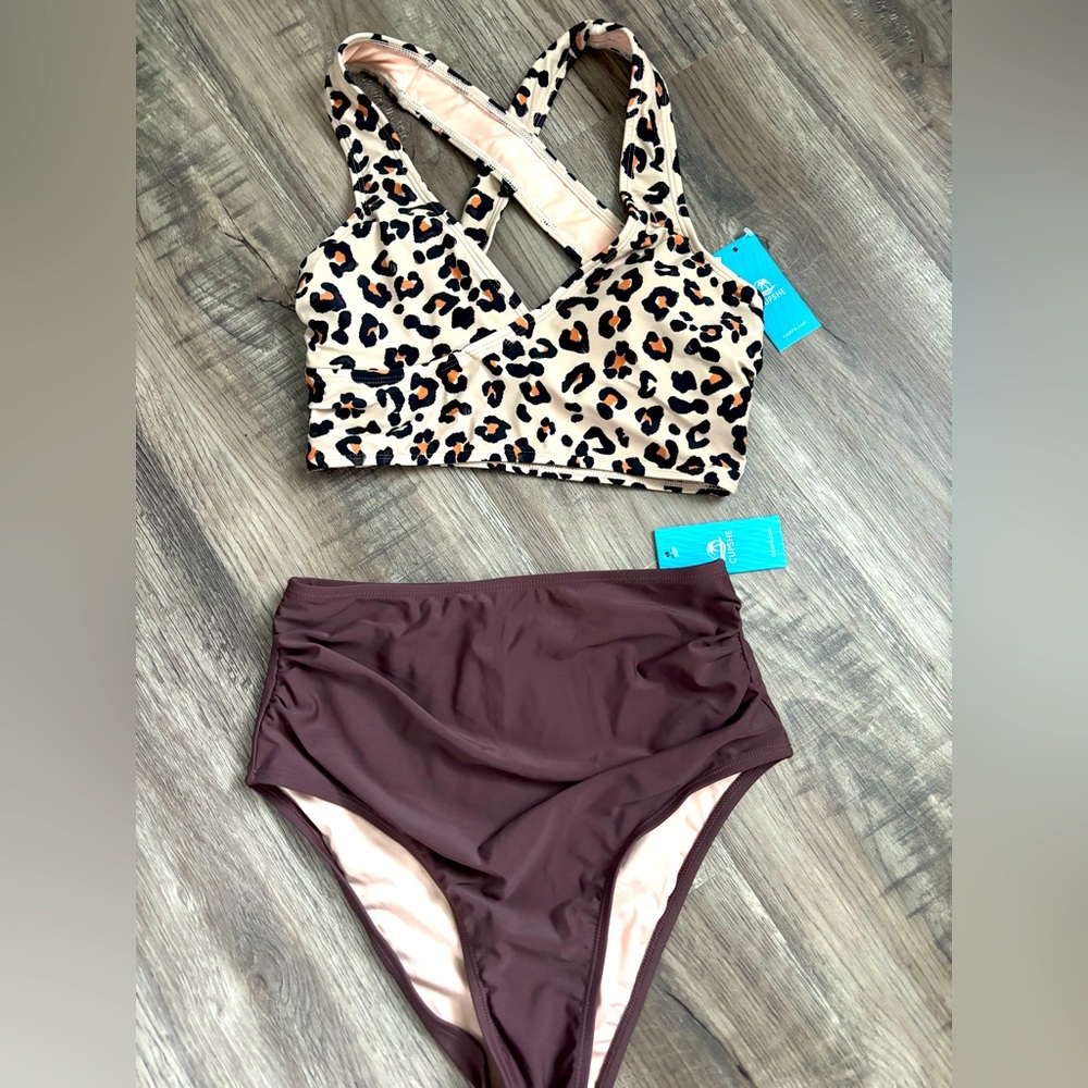 CUPSHE Leopard Print and Brown High-Waisted Bikini Set